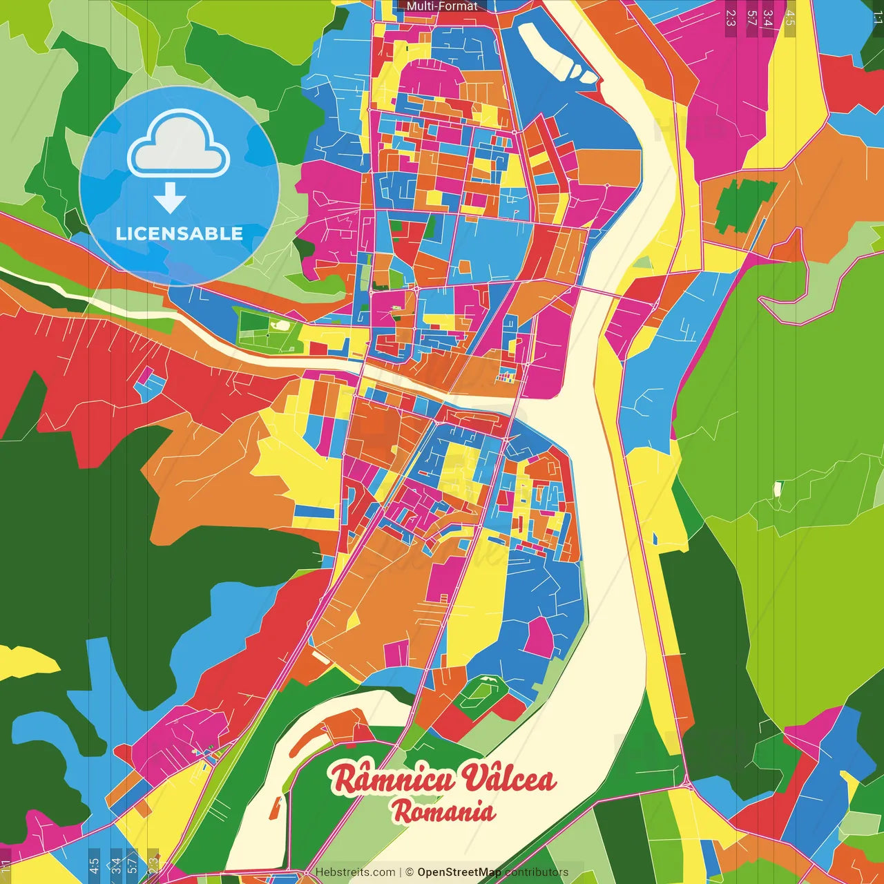 Râmnicu Vâlcea, Vâlcea, Romania Crazy Colorful Street Map Poster Template