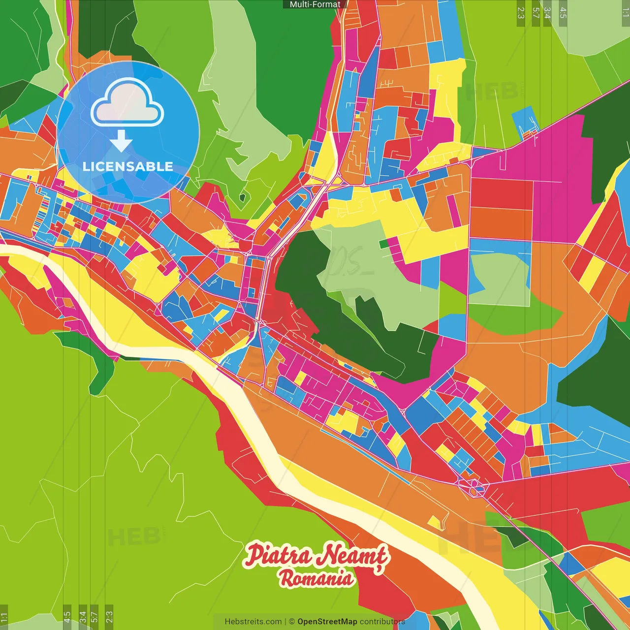 Piatra Neamț, Neamț, Romania Crazy Colorful Street Map Poster Template