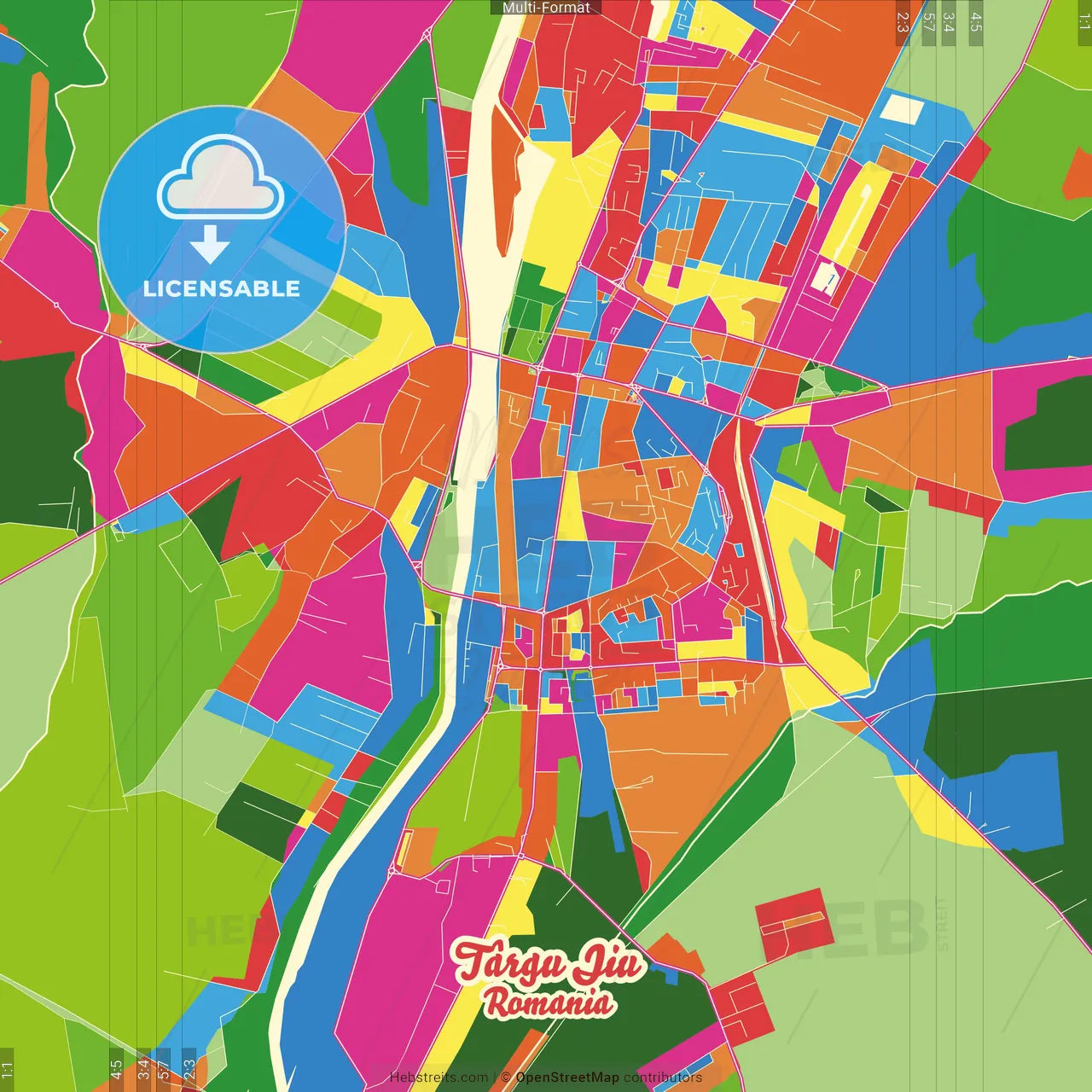 Târgu Jiu, Gorj, Romania Crazy Colorful Street Map Poster Template