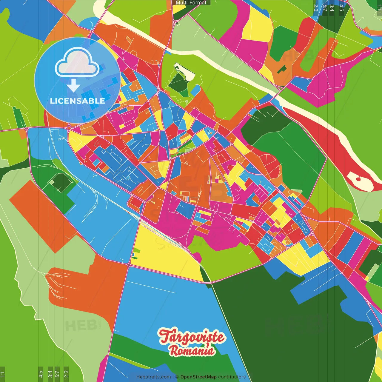Târgoviște, Dâmbovița, Romania Crazy Colorful Street Map Poster Template