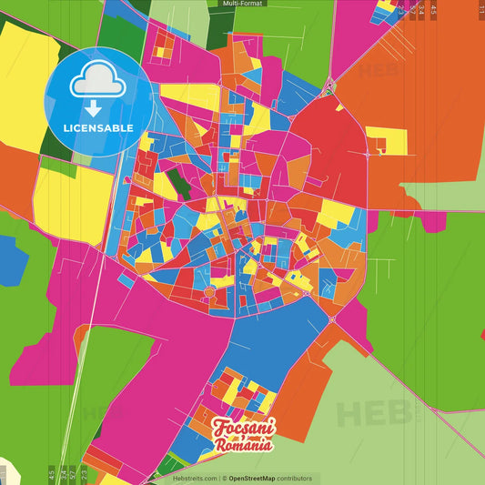 Focșani, Vrancea, Romania Crazy Colorful Street Map Poster Template