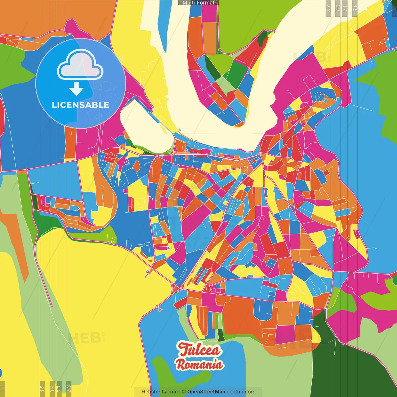 Tulcea, Tulcea, Romania Crazy Colorful Street Map Poster Template