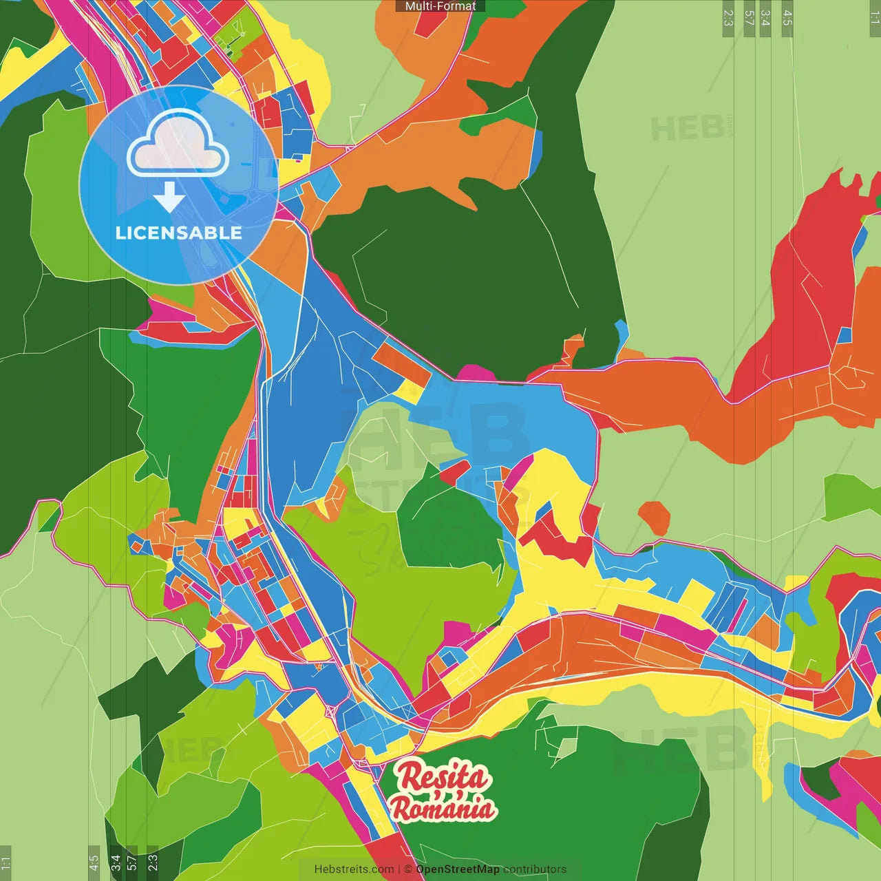Reșița, Caraș-Severin, Romania Crazy Colorful Street Map Poster Template