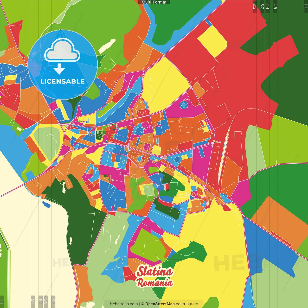 Slatina, Olt, Romania Crazy Colorful Street Map Poster Template