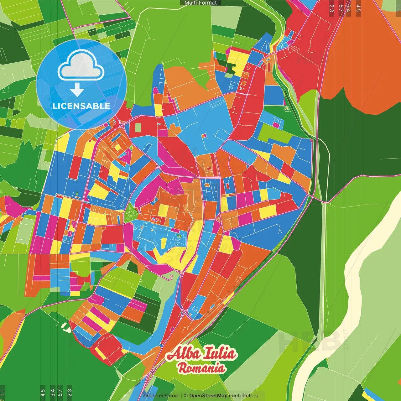 Alba Iulia, Alba, Romania Crazy Colorful Street Map Poster Template