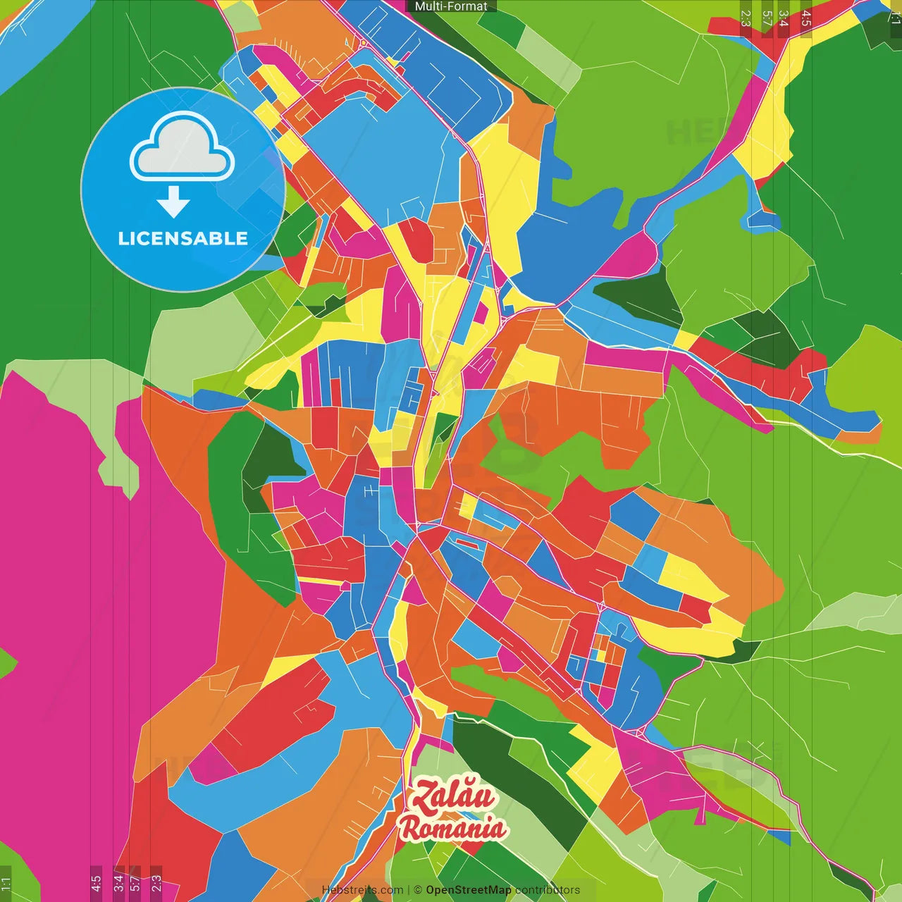 Zalău, Sălaj, Romania Crazy Colorful Street Map Poster Template