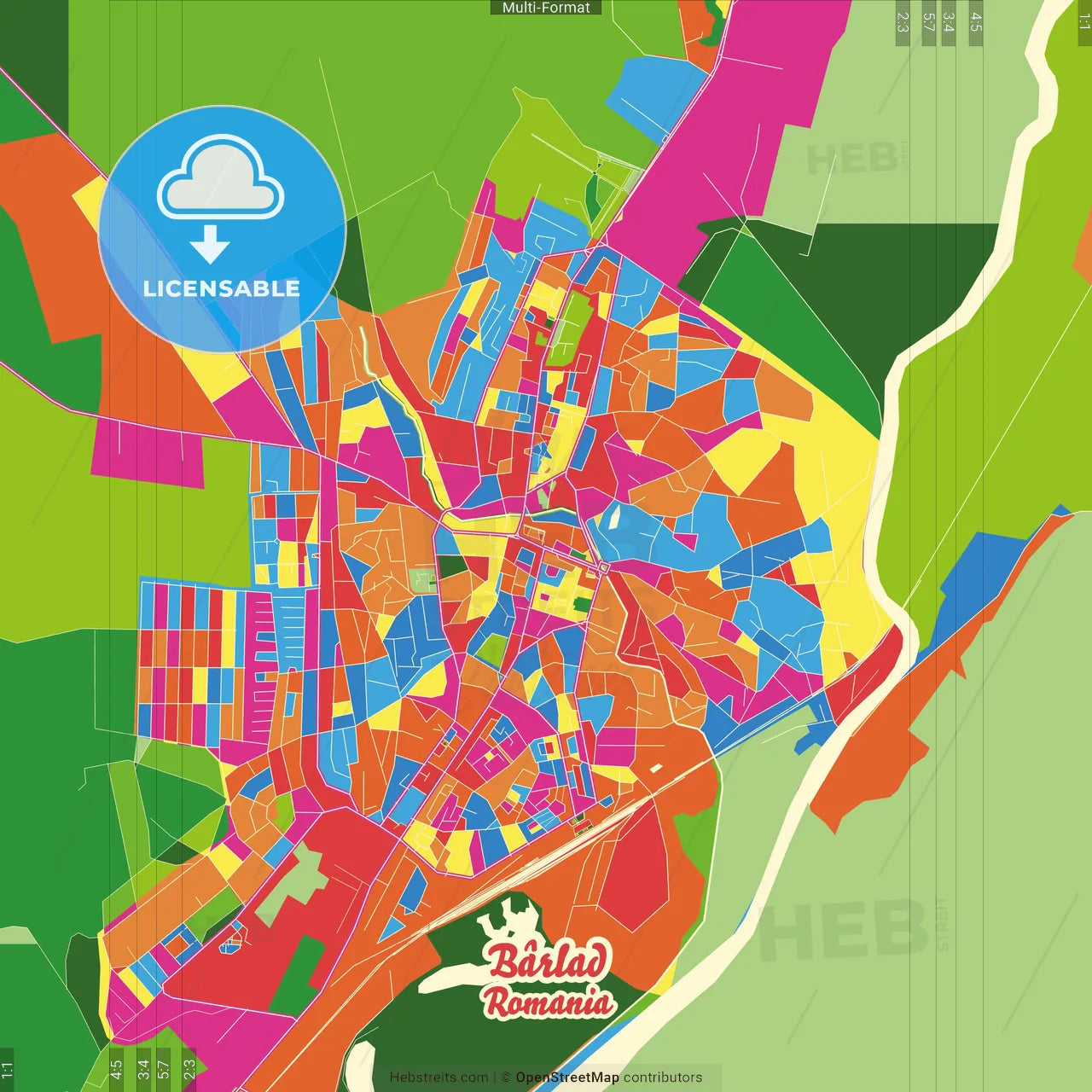 Bârlad, Vaslui, Romania Crazy Colorful Street Map Poster Template