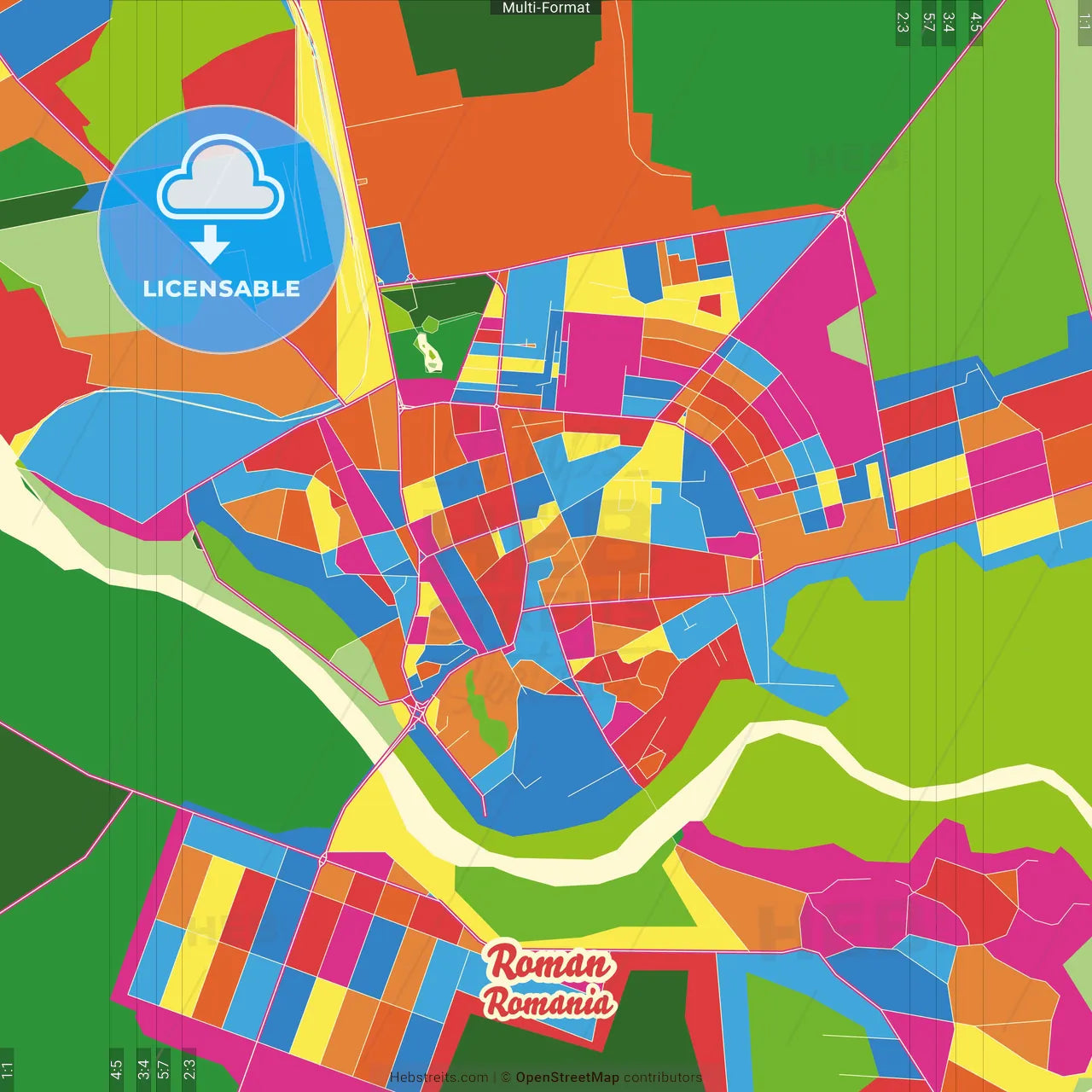 Roman, Neamț, Romania Crazy Colorful Street Map Poster Template