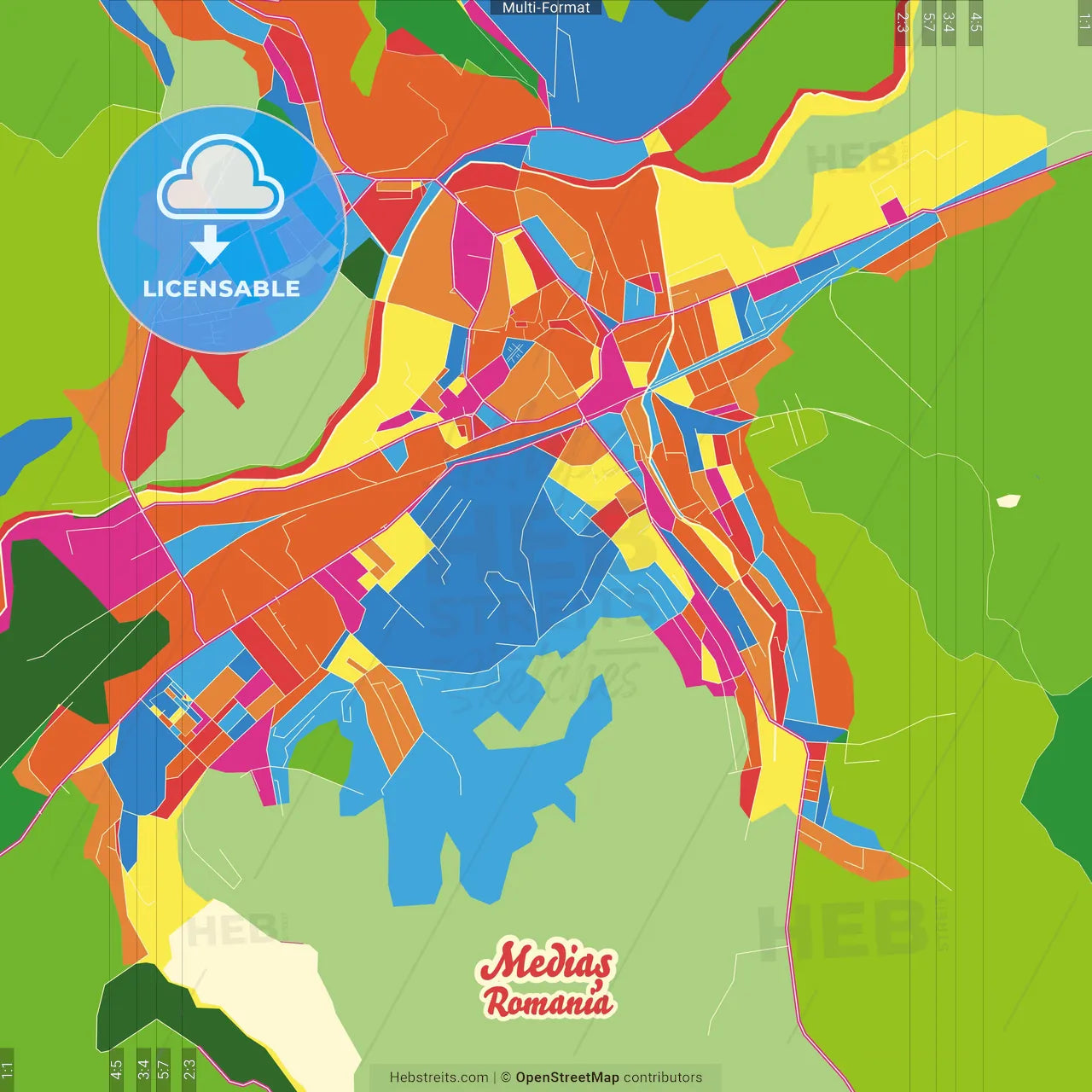Mediaș, Sibiu, Romania Crazy Colorful Street Map Poster Template