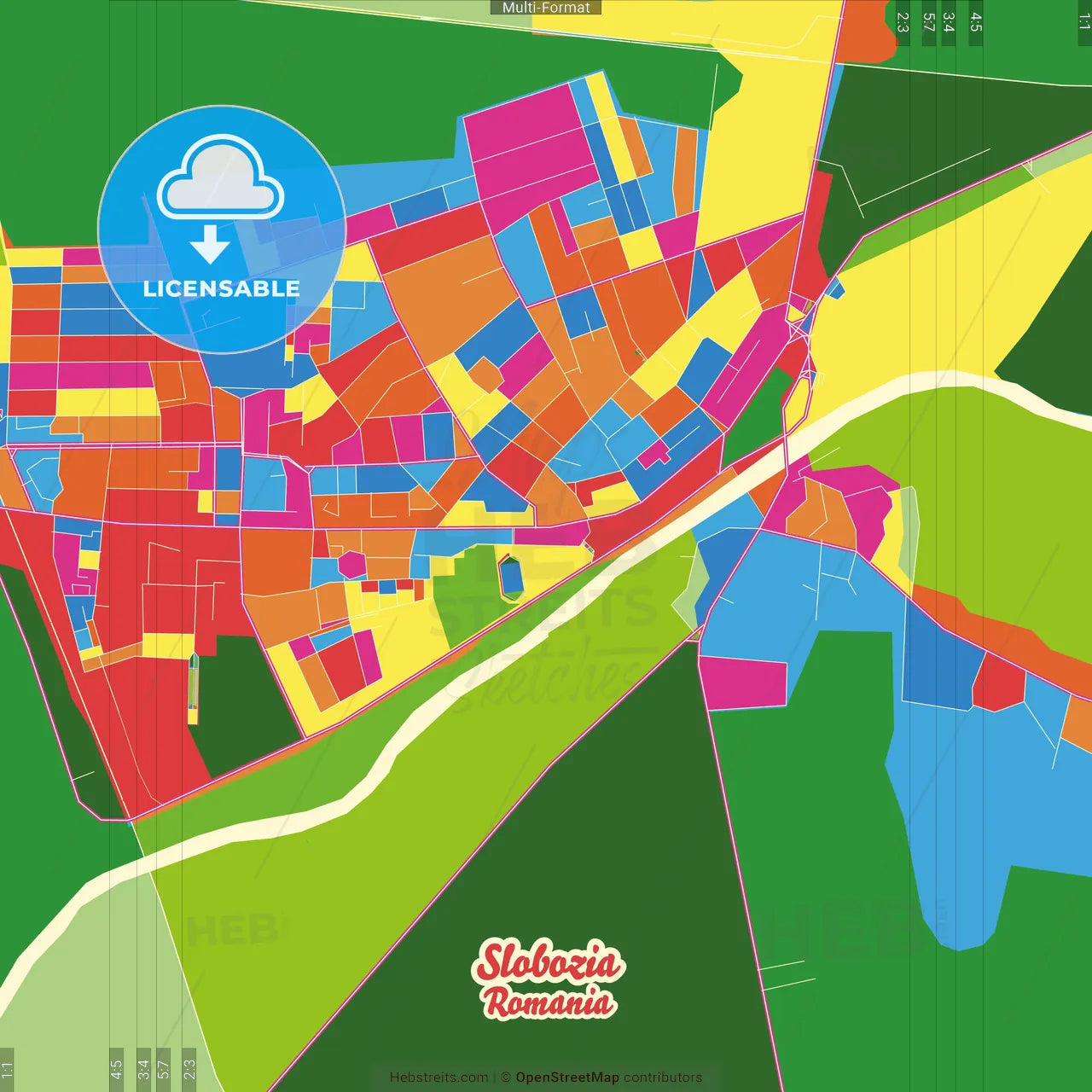 Slobozia, Ialomița, Romania Crazy Colorful Street Map Poster Template