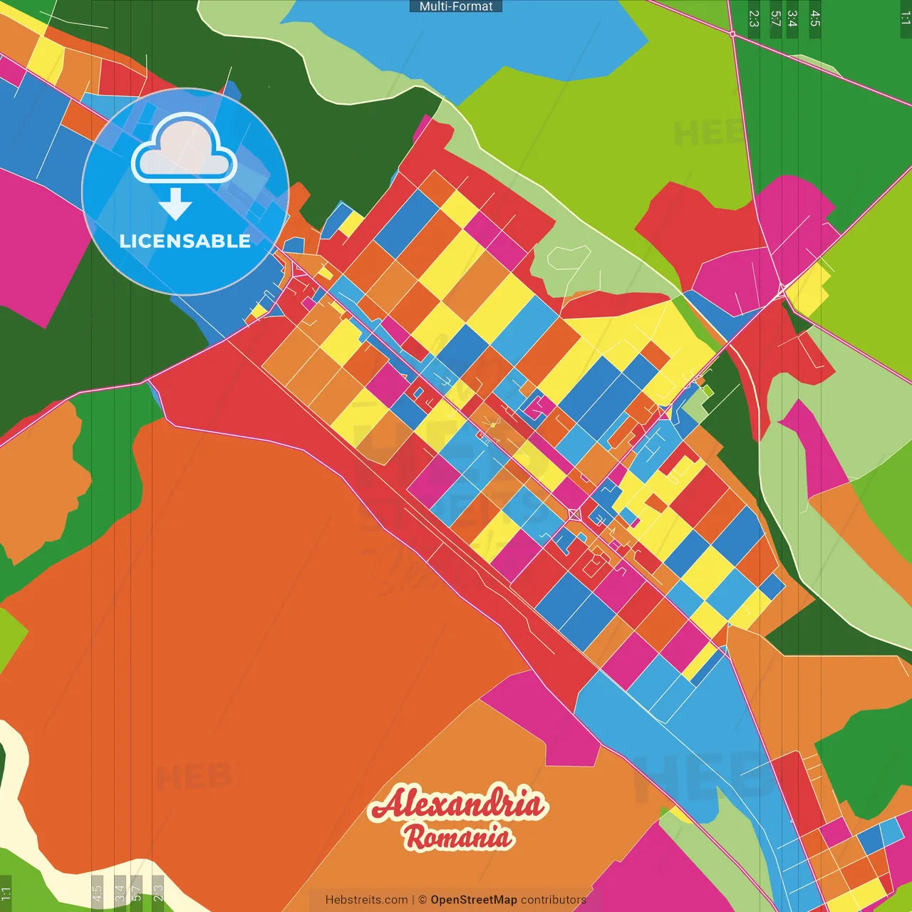 Alexandria, Teleorman, Romania Crazy Colorful Street Map Poster Template