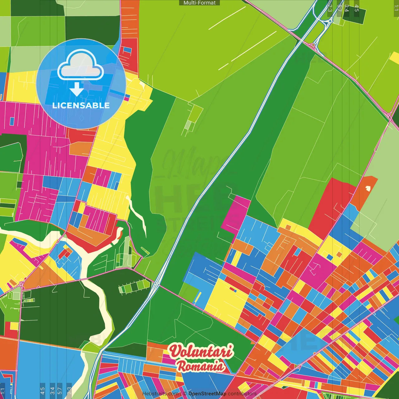 Voluntari, Ilfov, Romania Crazy Colorful Street Map Poster Template