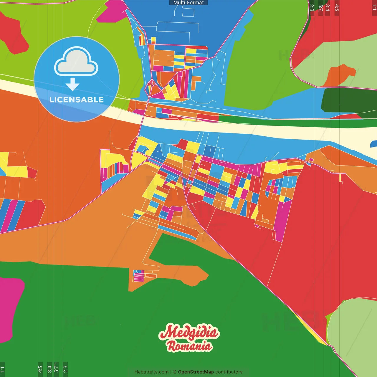 Medgidia, Constanța, Romania Crazy Colorful Street Map Poster Template