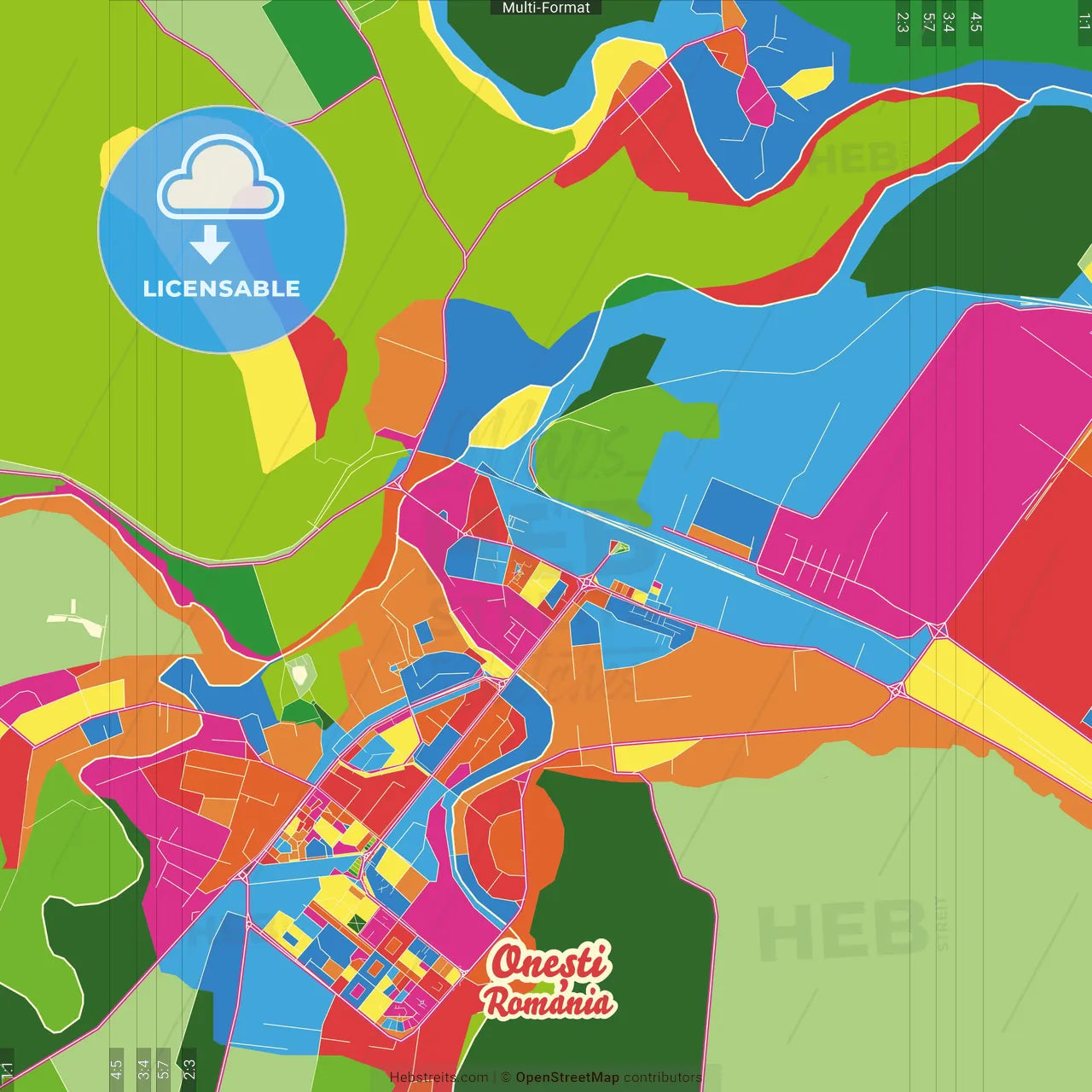 Onești, Romania Crazy Colorful Street Map Poster Template