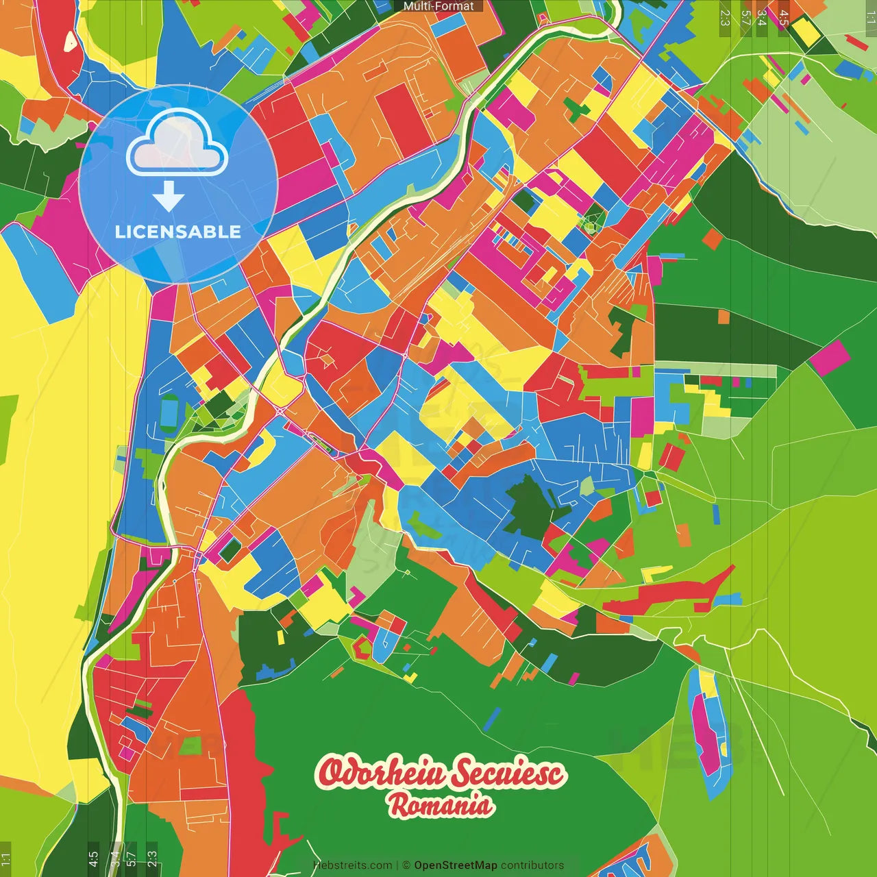Odorheiu Secuiesc, Harghita, Romania Crazy Colorful Street Map Poster Template