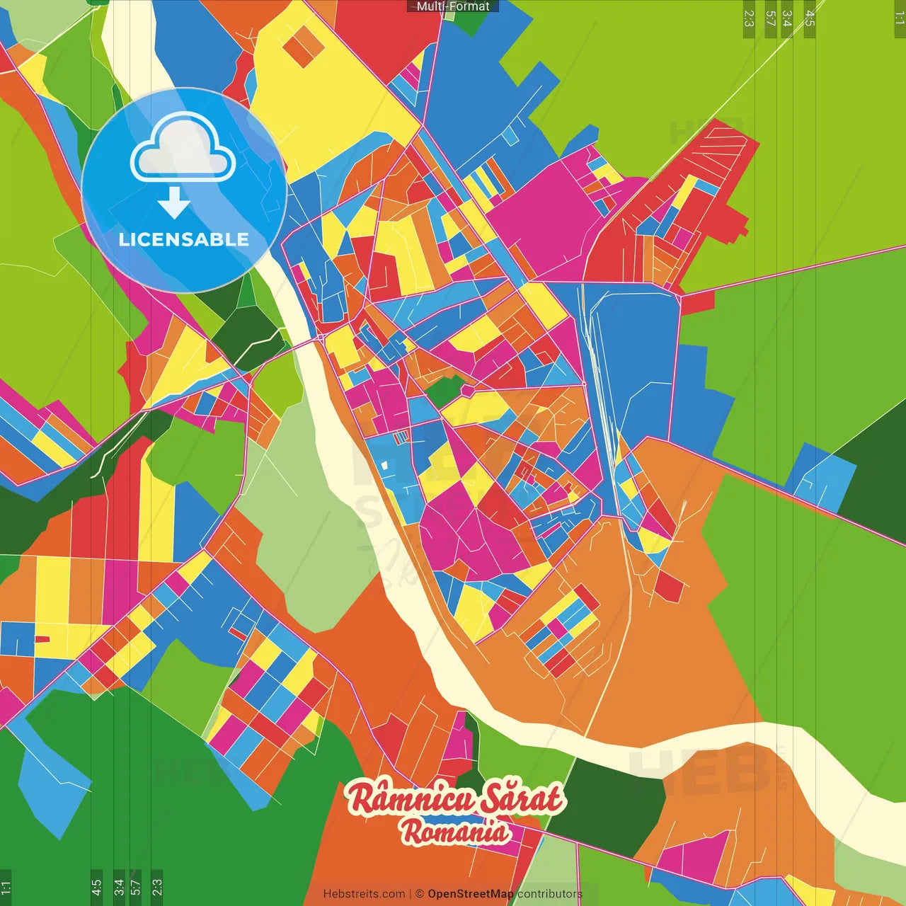 Râmnicu Sărat, Buzău, Romania Crazy Colorful Street Map Poster Template