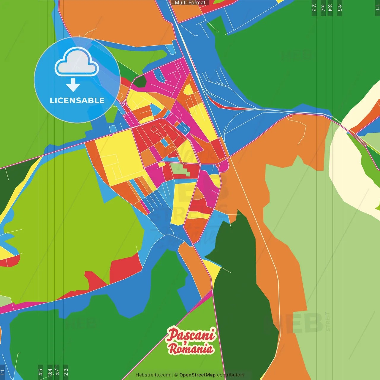 Pașcani, Iași, Romania Crazy Colorful Street Map Poster Template