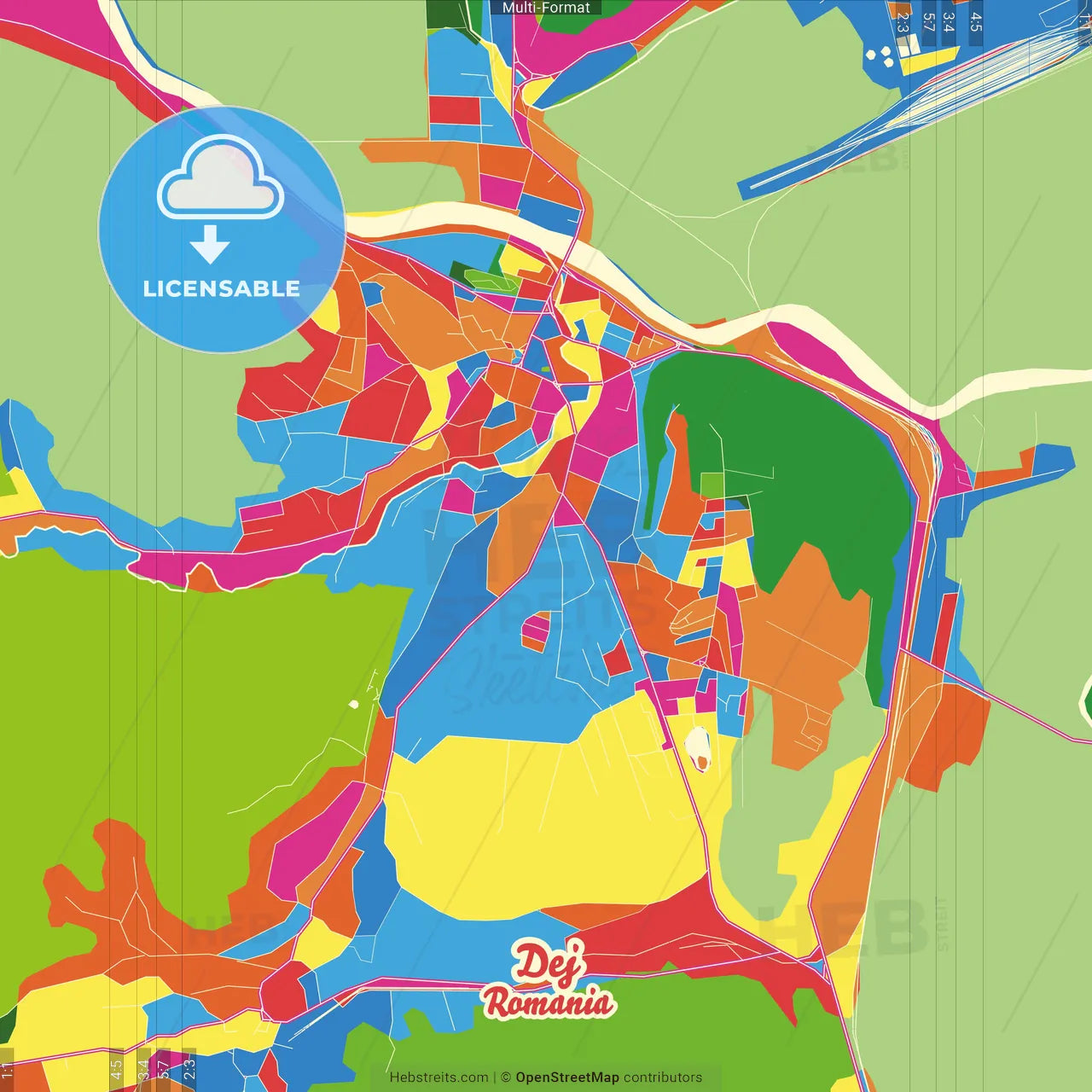 Dej, Cluj, Romania Crazy Colorful Street Map Poster Template