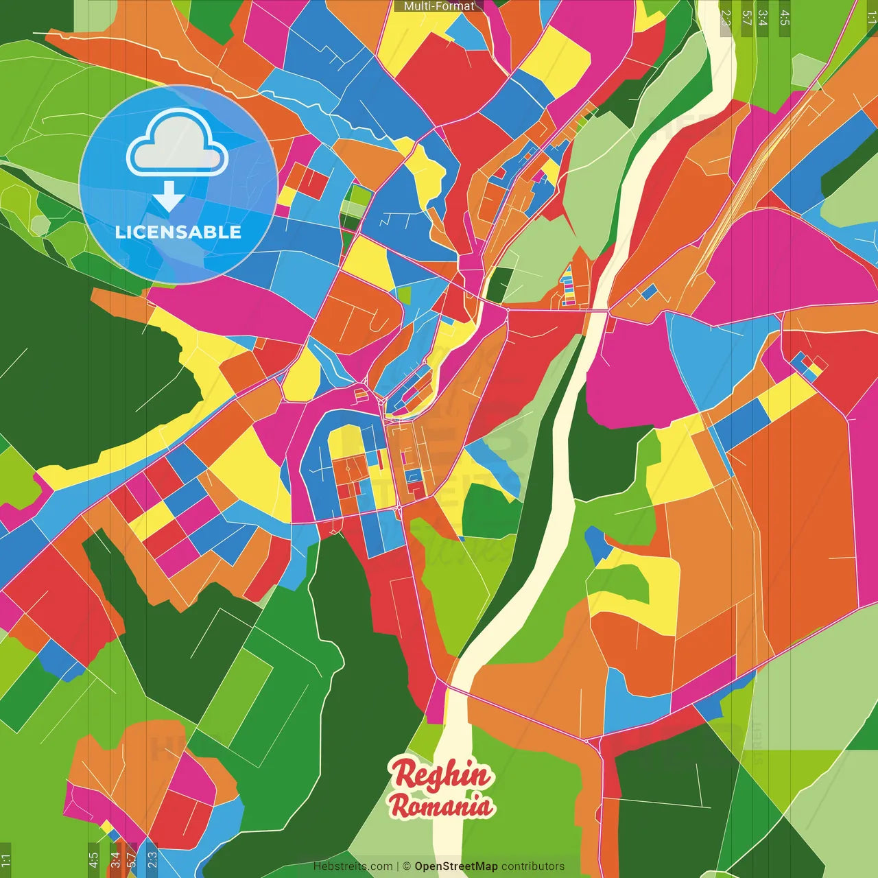 Reghin, Mureș, Romania Crazy Colorful Street Map Poster Template