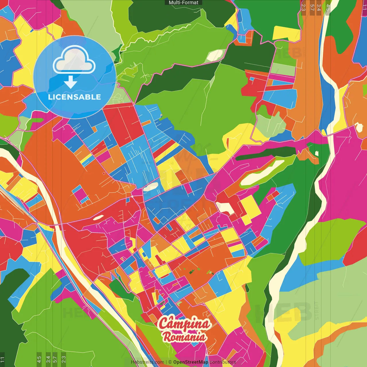 Câmpina, Prahova, Romania Crazy Colorful Street Map Poster Template