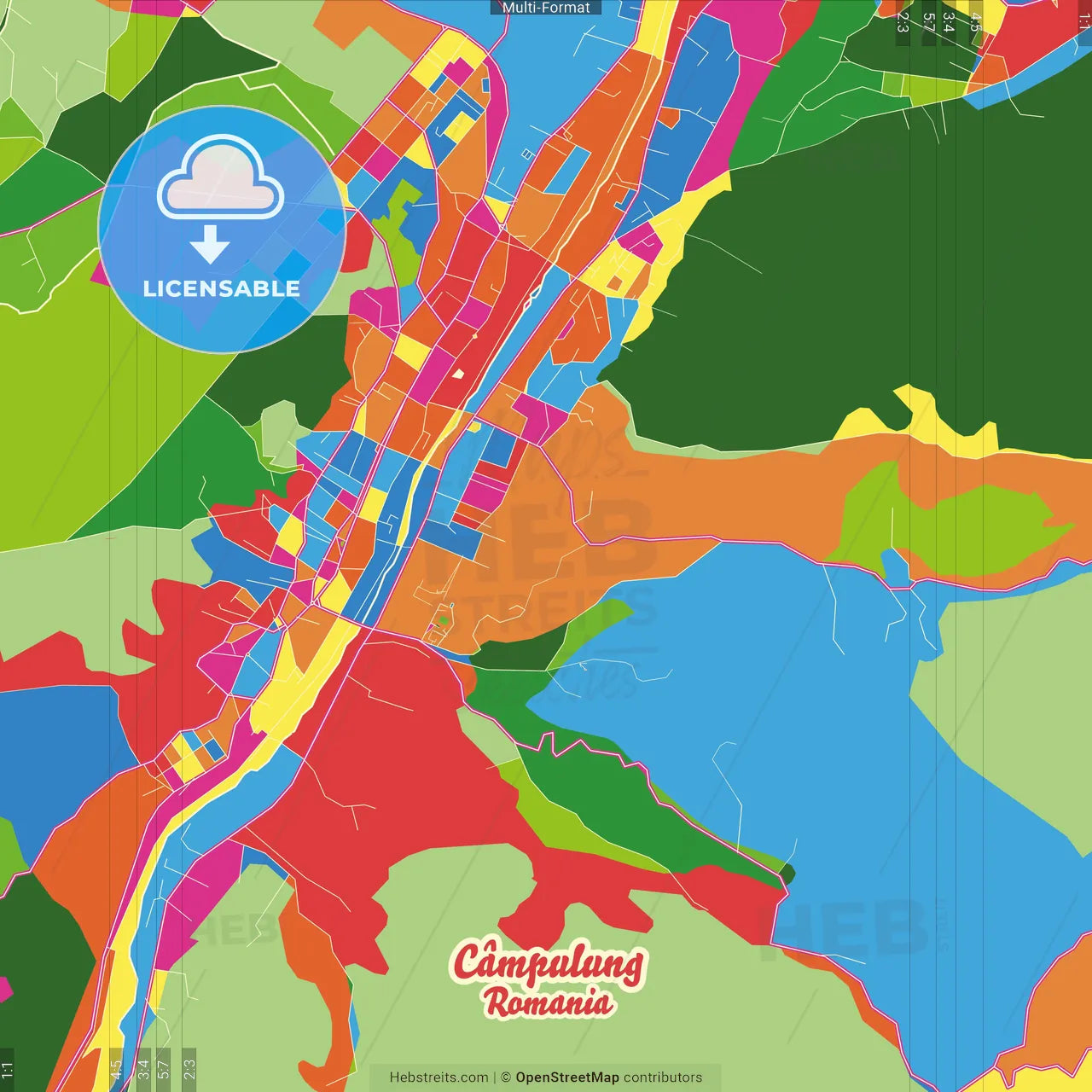 Câmpulung, Argeș, Romania Crazy Colorful Street Map Poster Template