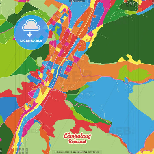 Câmpulung, Argeș, Romania Crazy Colorful Street Map Poster Template