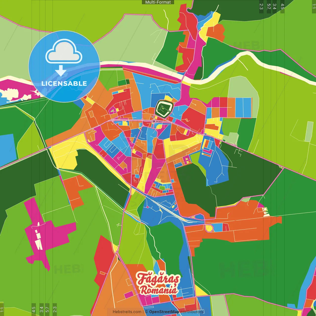 Făgăraș, Brașov, Romania Crazy Colorful Street Map Poster Template