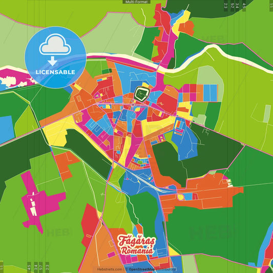 Făgăraș, Brașov, Romania Crazy Colorful Street Map Poster Template