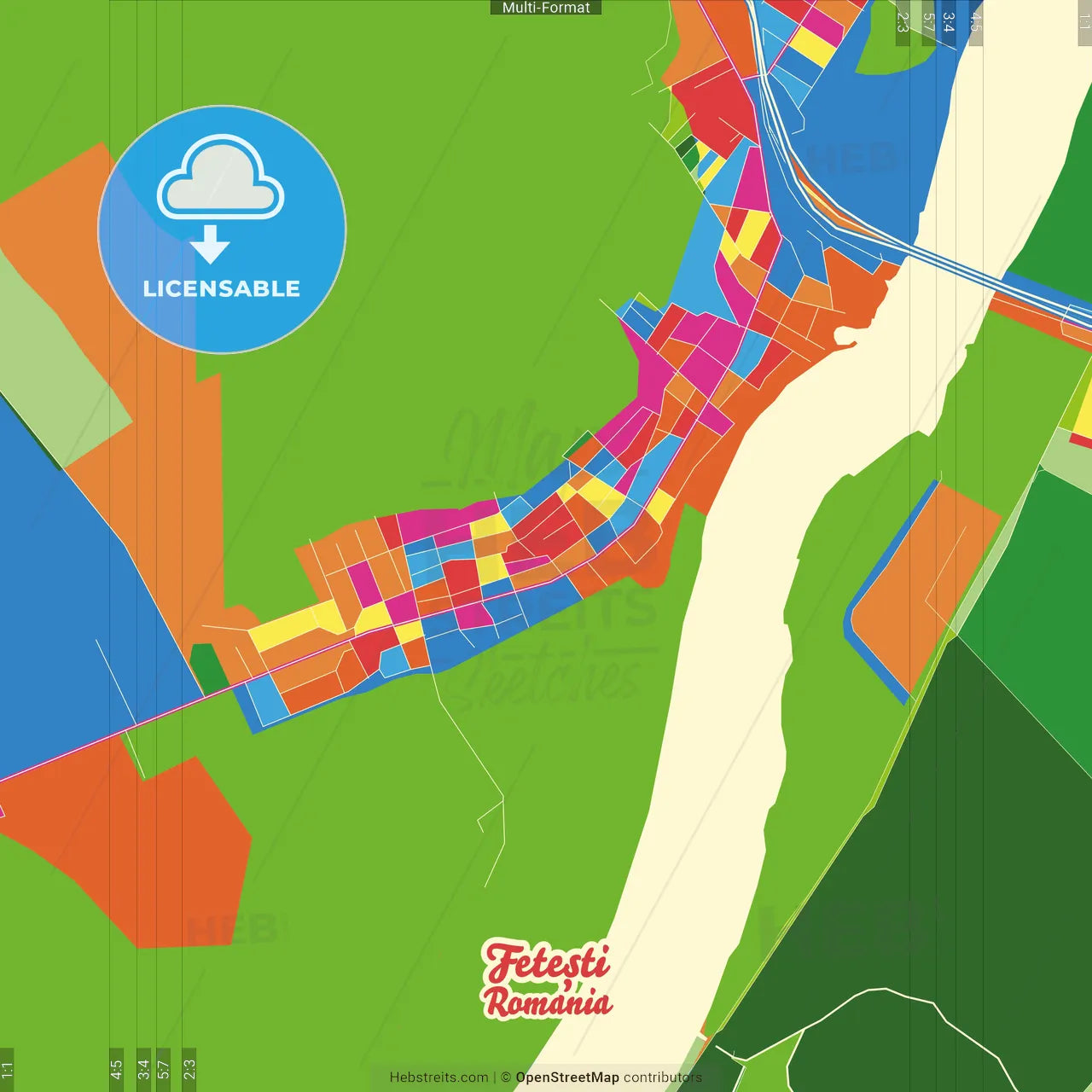Fetești, Ialomița, Romania Crazy Colorful Street Map Poster Template