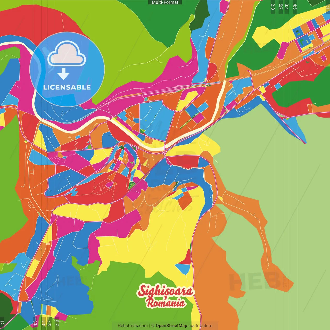 Sighișoara, Mureș, Romania Crazy Colorful Street Map Poster Template