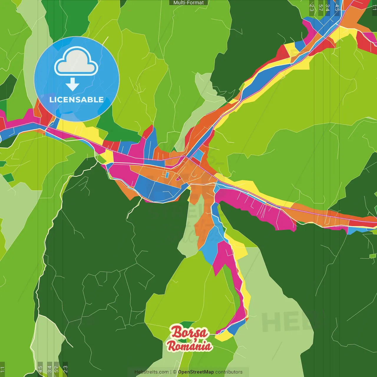 Borșa, Maramureș, Romania Crazy Colorful Street Map Poster Template