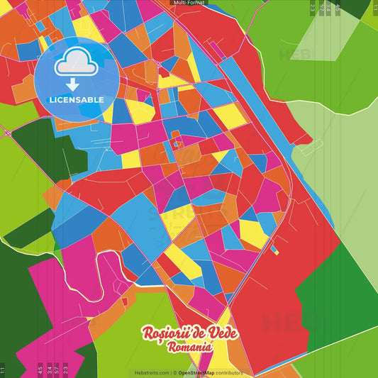 Roșiorii de Vede, Teleorman, Romania Crazy Colorful Street Map Poster Template