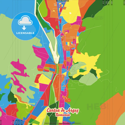 Curtea de Argeș, Argeș, Romania Crazy Colorful Street Map Poster Template