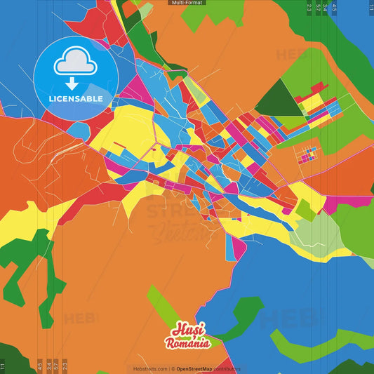 Huși, Vaslui, Romania Crazy Colorful Street Map Poster Template