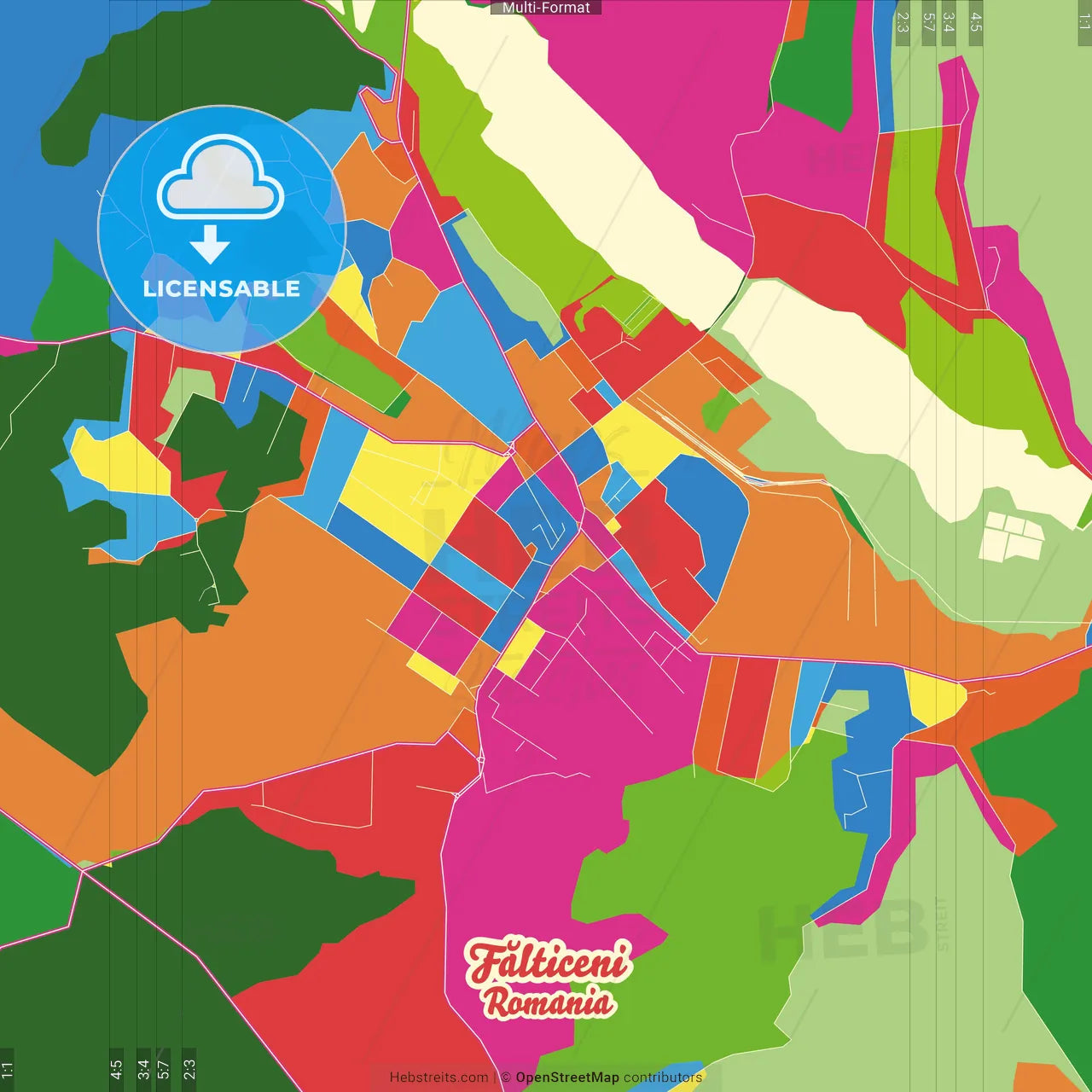 Fălticeni, Suceava, Romania Crazy Colorful Street Map Poster Template