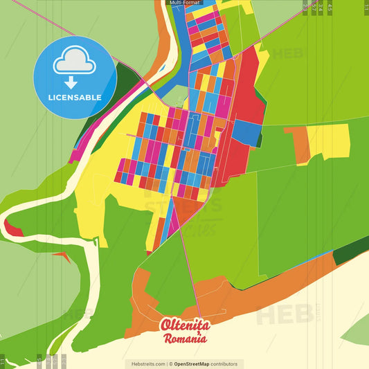 Oltenița, Călărași, Romania Crazy Colorful Street Map Poster Template