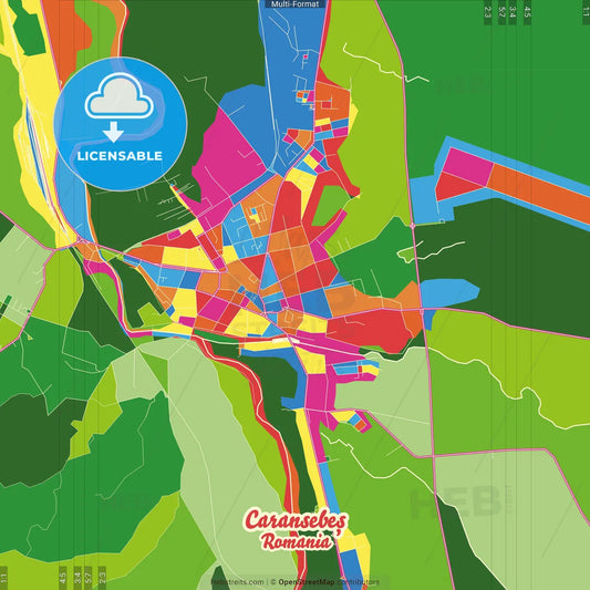 Caransebeș, Caraș-Severin, Romania Crazy Colorful Street Map Poster Template