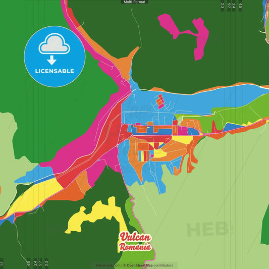 Vulcan, Hunedoara, Romania Crazy Colorful Street Map Poster Template