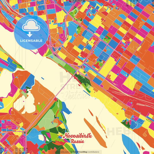 Novosibirsk, Novosibirsk Oblast, Russia Crazy Colorful Street Map Poster Template
