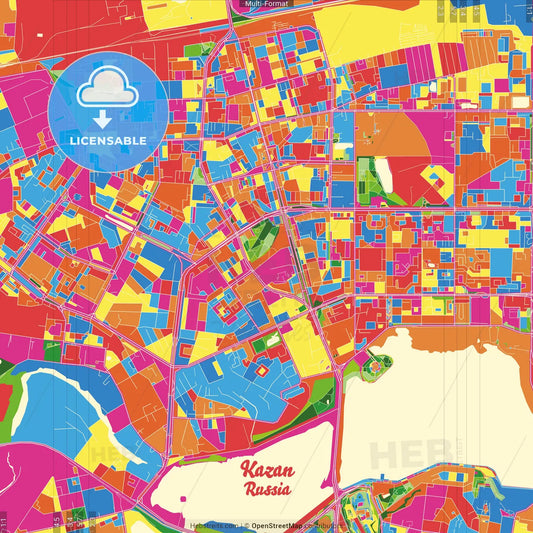 Kazan, Republic of Tatarstan, Russia Crazy Colorful Street Map Poster Template