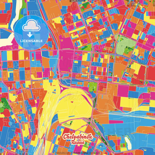 Chelyabinsk, Chelyabinsk Oblast, Russia Crazy Colorful Street Map Poster Template