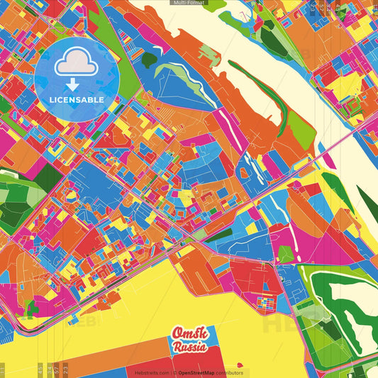 Omsk, Omsk Oblast, Russia Crazy Colorful Street Map Poster Template