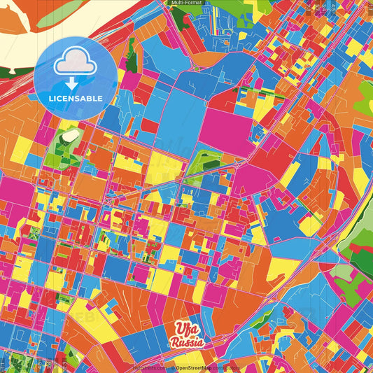 Ufa, Republic of Bashkortostan, Russia Crazy Colorful Street Map Poster Template