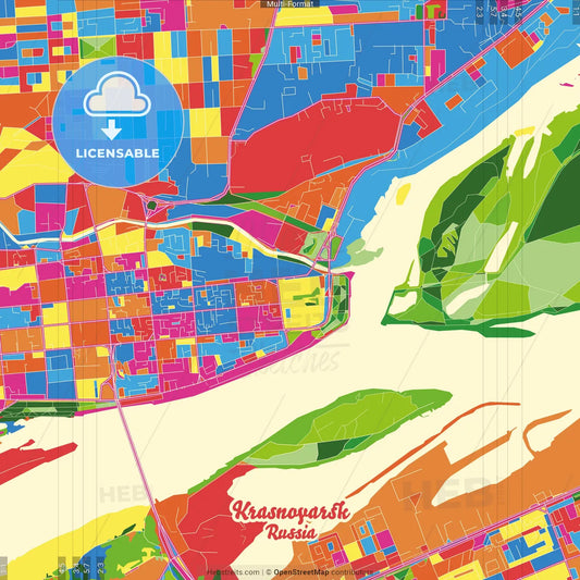 Krasnoyarsk, Krasnoyarsk Krai, Russia Crazy Colorful Street Map Poster Template