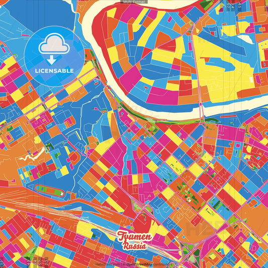 Tyumen, Tyumen Oblast, Russia Crazy Colorful Street Map Poster Template