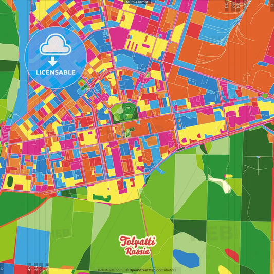 Tolyatti, Samara Oblast, Russia Crazy Colorful Street Map Poster Template