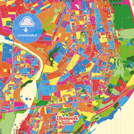 Ulyanovsk, Ulyanovsk Oblast, Russia Crazy Colorful Street Map Poster Template