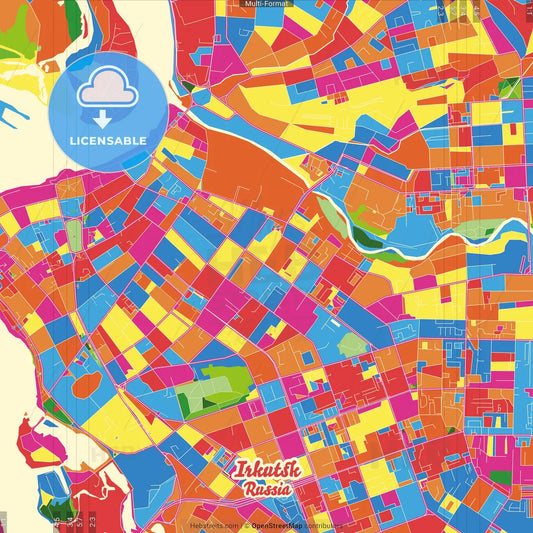 Irkutsk, Irkutsk Oblast, Russia Crazy Colorful Street Map Poster Template