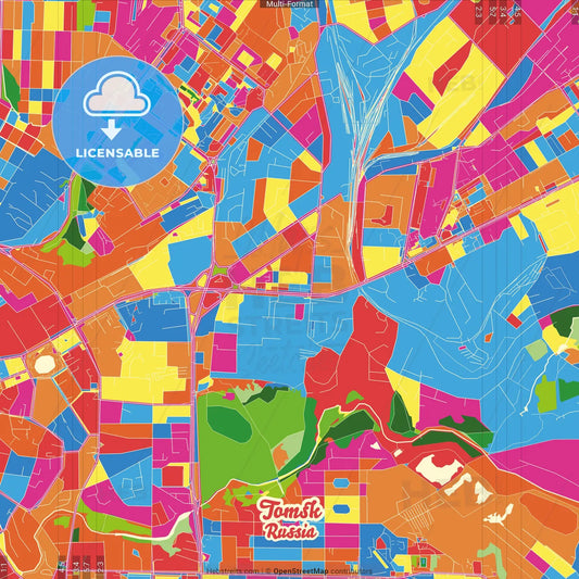 Tomsk, Tomsk Oblast, Russia Crazy Colorful Street Map Poster Template