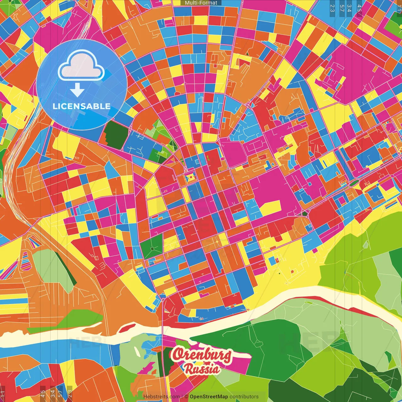 Orenburg, Orenburg Oblast, Russia Crazy Colorful Street Map Poster Template